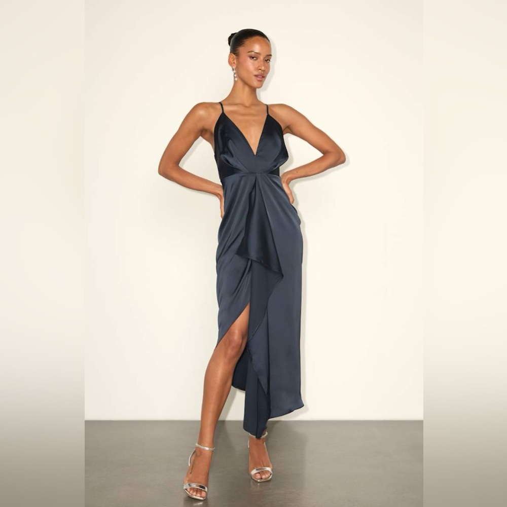 NWT Lulus Caught Feelings Navy Blue Satin Ruffled Midi
Dress Sz S satin v-neck